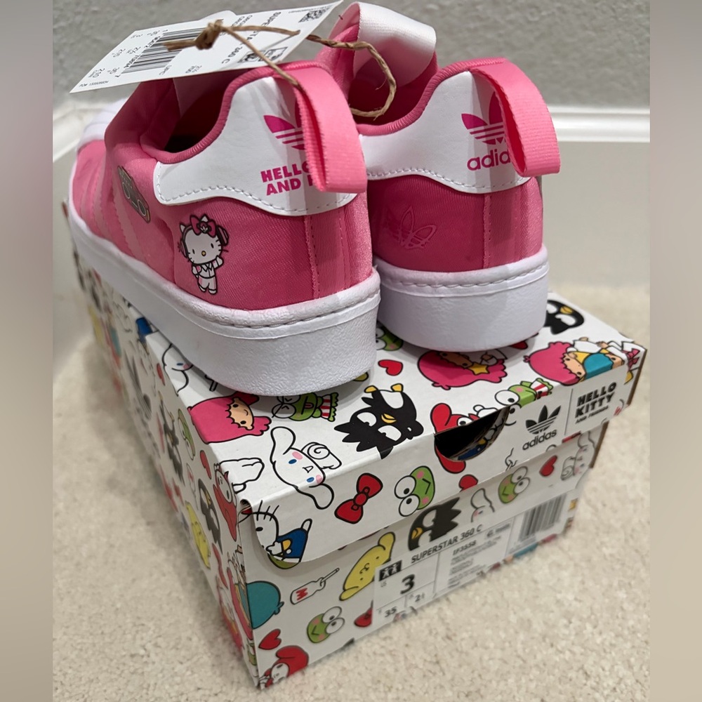 adidas Kids Pink Hello Kitty Superstar Sneakers with White Shell Toe, Sz 3 - Picture 3 of 6